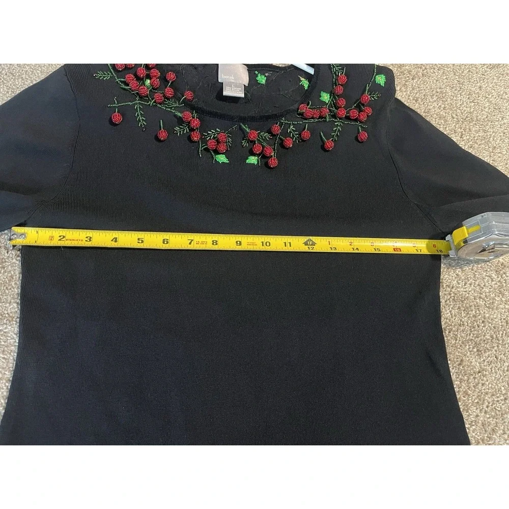 VTG Berek 3D Red Green Beaded Holly Berries Knit Flare Sleeve Sweater Size Large